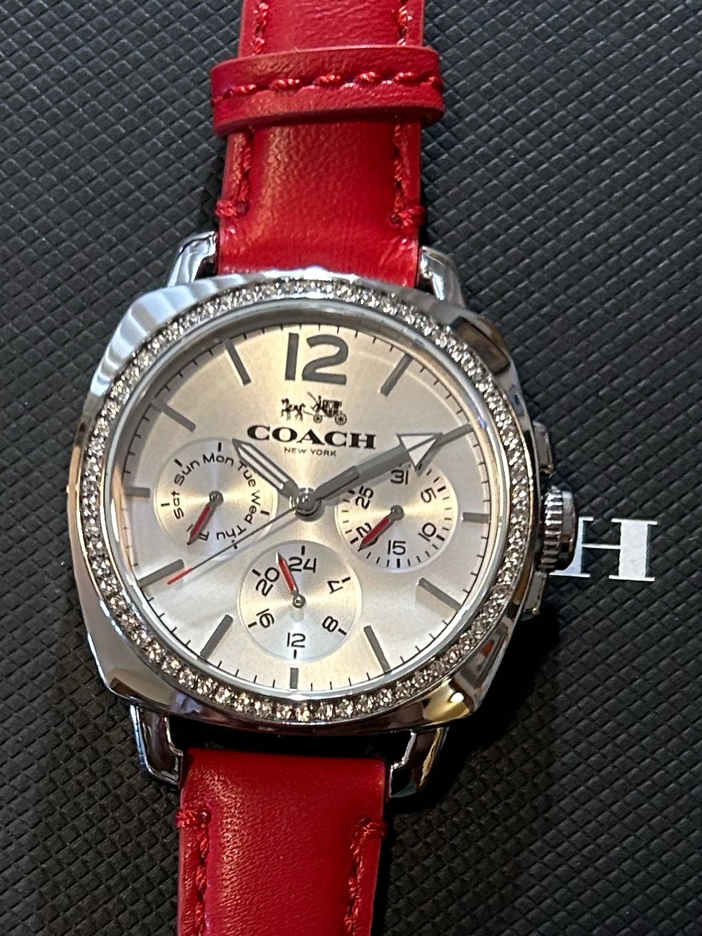 Coach Boyfriend Watch With 35mm Silver Chronograph Face & Red Leather Ba…
